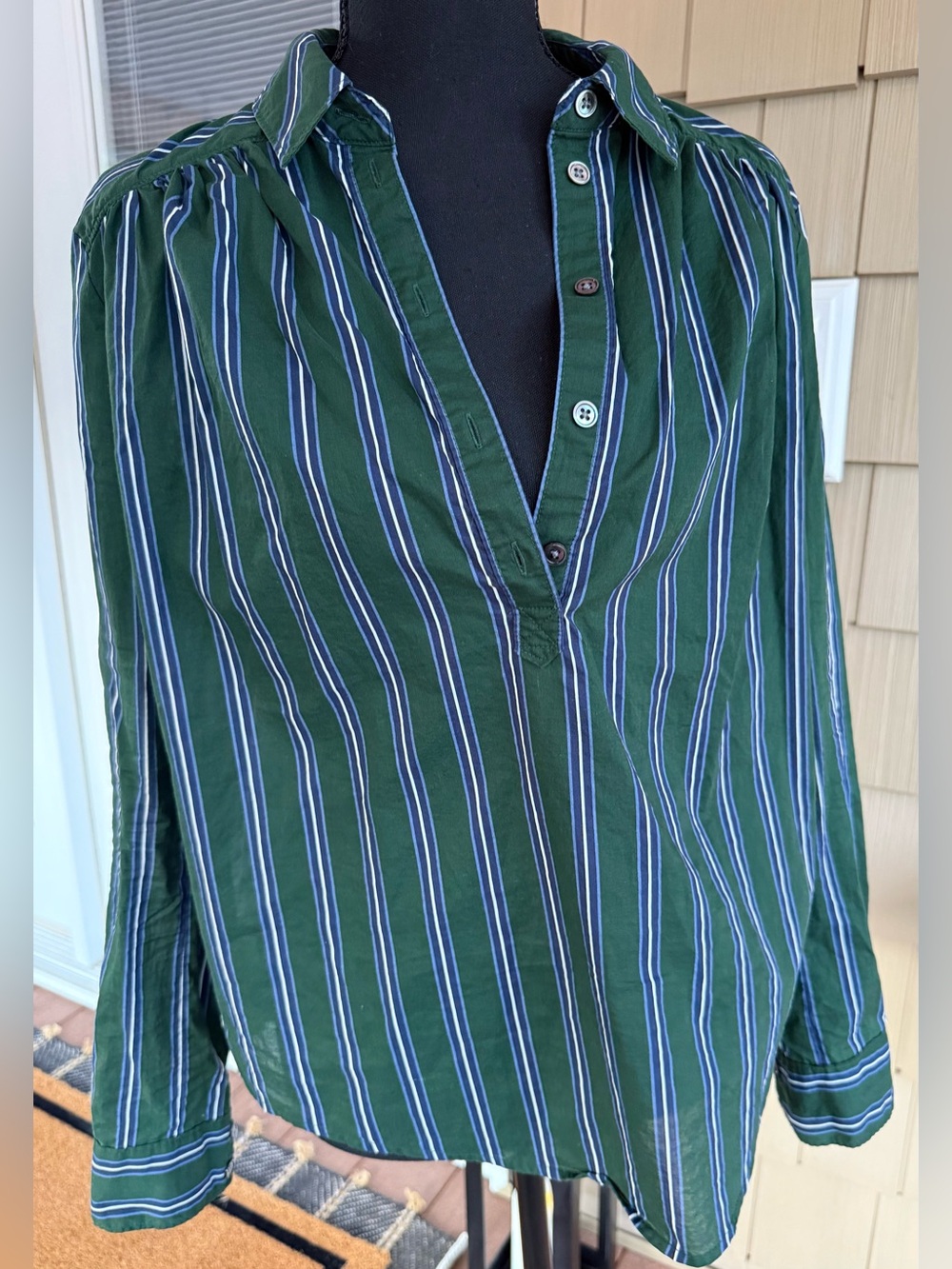 Veronica Beard Green Navy Stripe Cotton Button Front Blouse XS